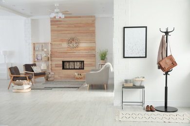 Photo of Apartment interior with stylish living room and hallway