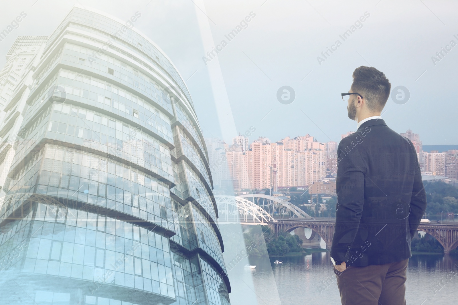 Image of Multiple exposure of businessman, modern building and cityscape