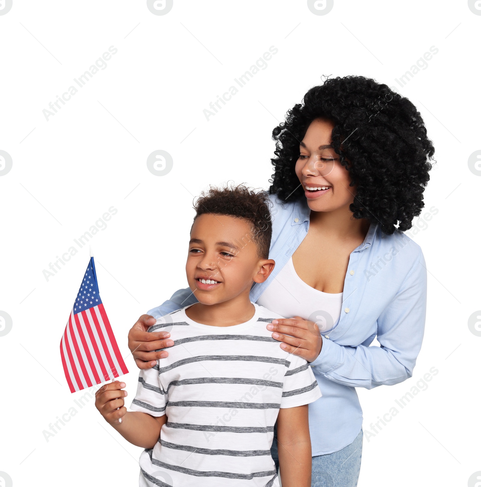 Image of 4th of July - Independence day of America. Happy woman and her son with national flag of United States on white background