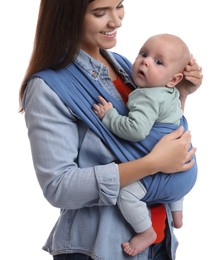 Photo of Mother holding her child in sling (baby carrier) on white background, closeup