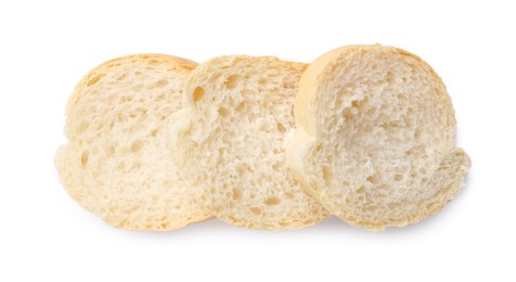 Photo of Pieces of fresh baguette isolated on white, top view