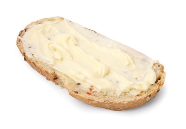 Photo of Slice of tasty bread with butter isolated on white