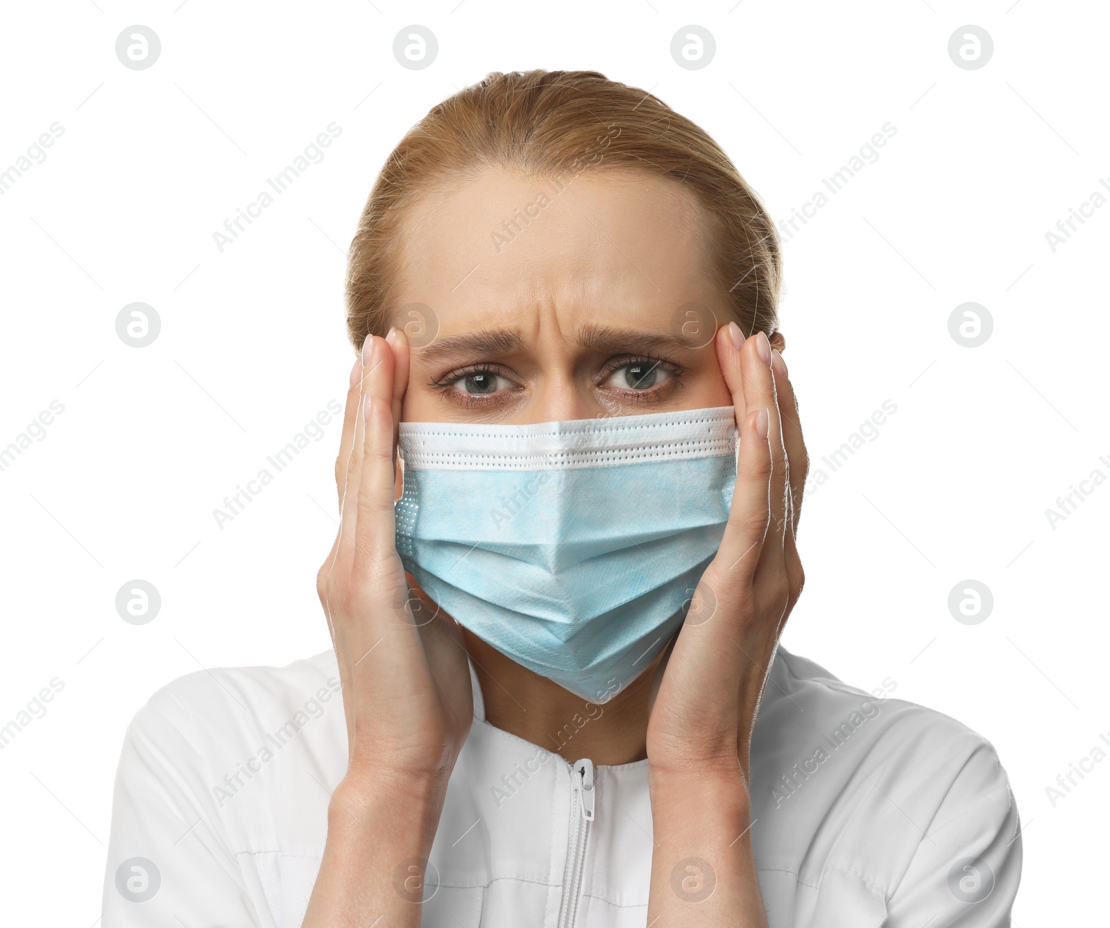 Photo of Doctor with protective mask feeling fear on white background