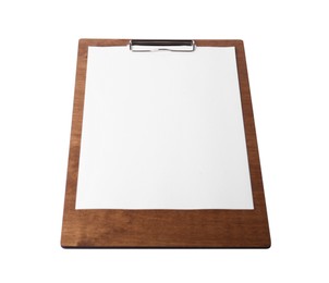 Wooden clipboard with sheet of paper isolated on white. Space for text