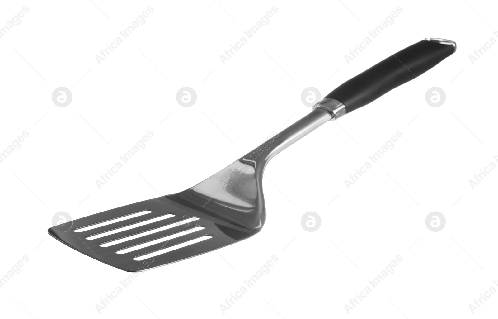 Photo of One metal spatula with black handle isolated on white