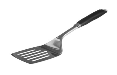 Photo of One metal spatula with black handle isolated on white