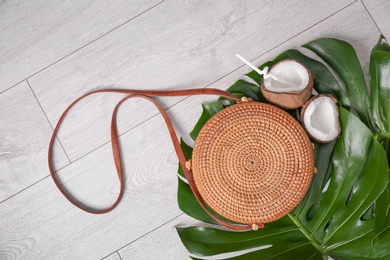 Photo of Flat lay composition with bamboo bag on wooden background