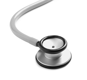 Modern stethoscope on white background, closeup view