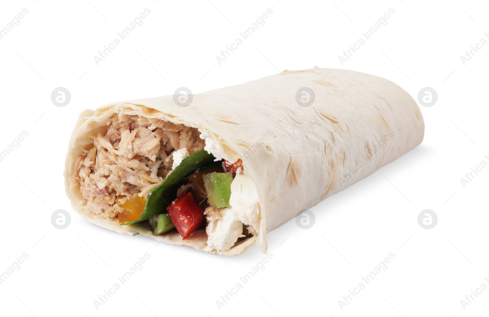 Photo of Delicious tortilla wrap with tuna isolated on white