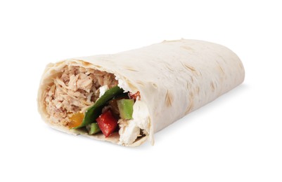 Photo of Delicious tortilla wrap with tuna isolated on white