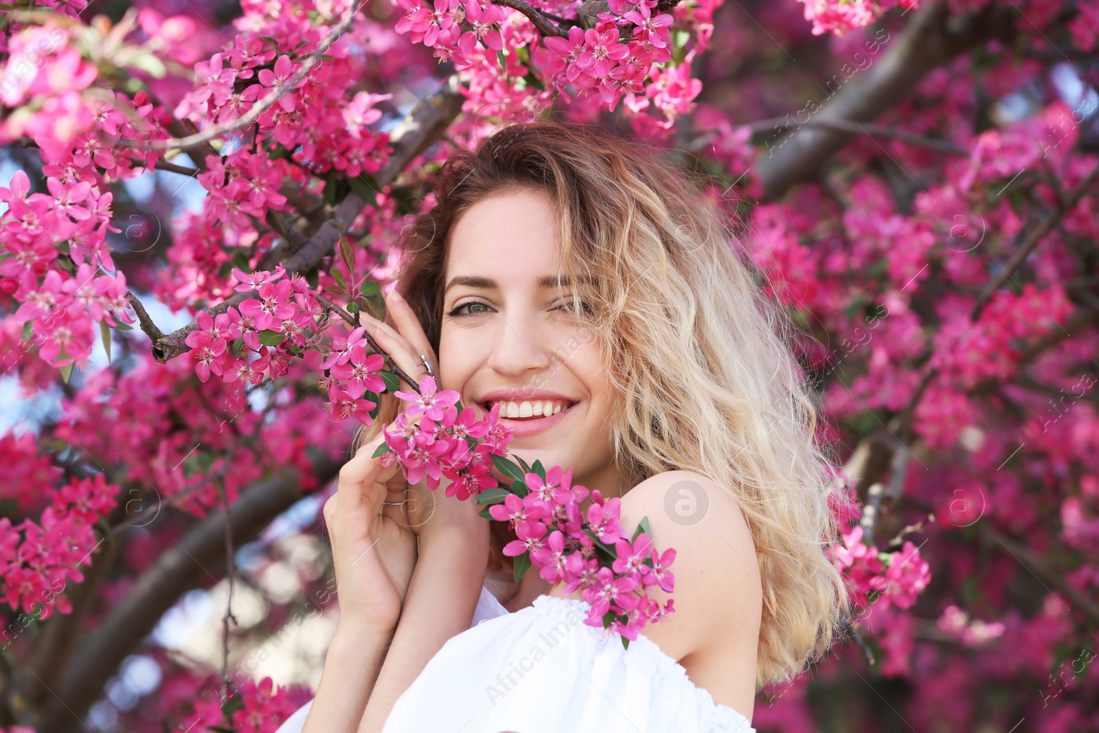 Photo of Attractive young woman posing near blossoming tree on sunny spring day