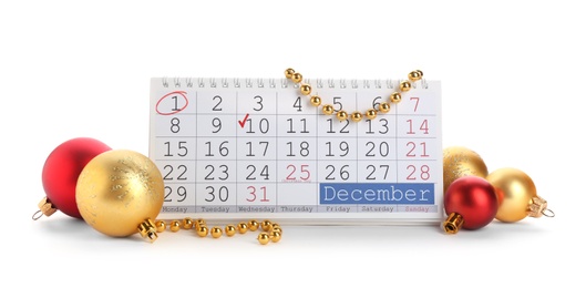 Photo of Calendar and decor on white background. Christmas countdown