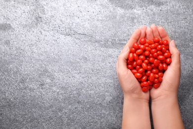 Woman holding fresh goji berries on grey background, top view. Space for text