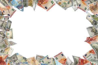 Image of Frame made of money on white background, space for text. Currency exchange