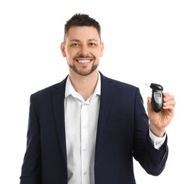 Photo of Man with modern breathalyzer on white background