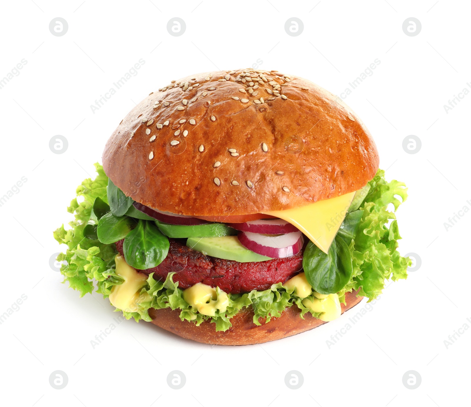 Photo of Tasty vegetarian burger with beet cutlet on white background