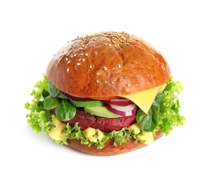 Tasty vegetarian burger with beet cutlet on white background