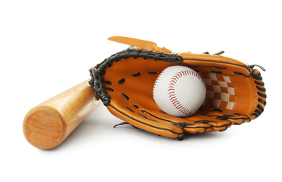 Photo of Leather baseball ball, bat and glove on white background