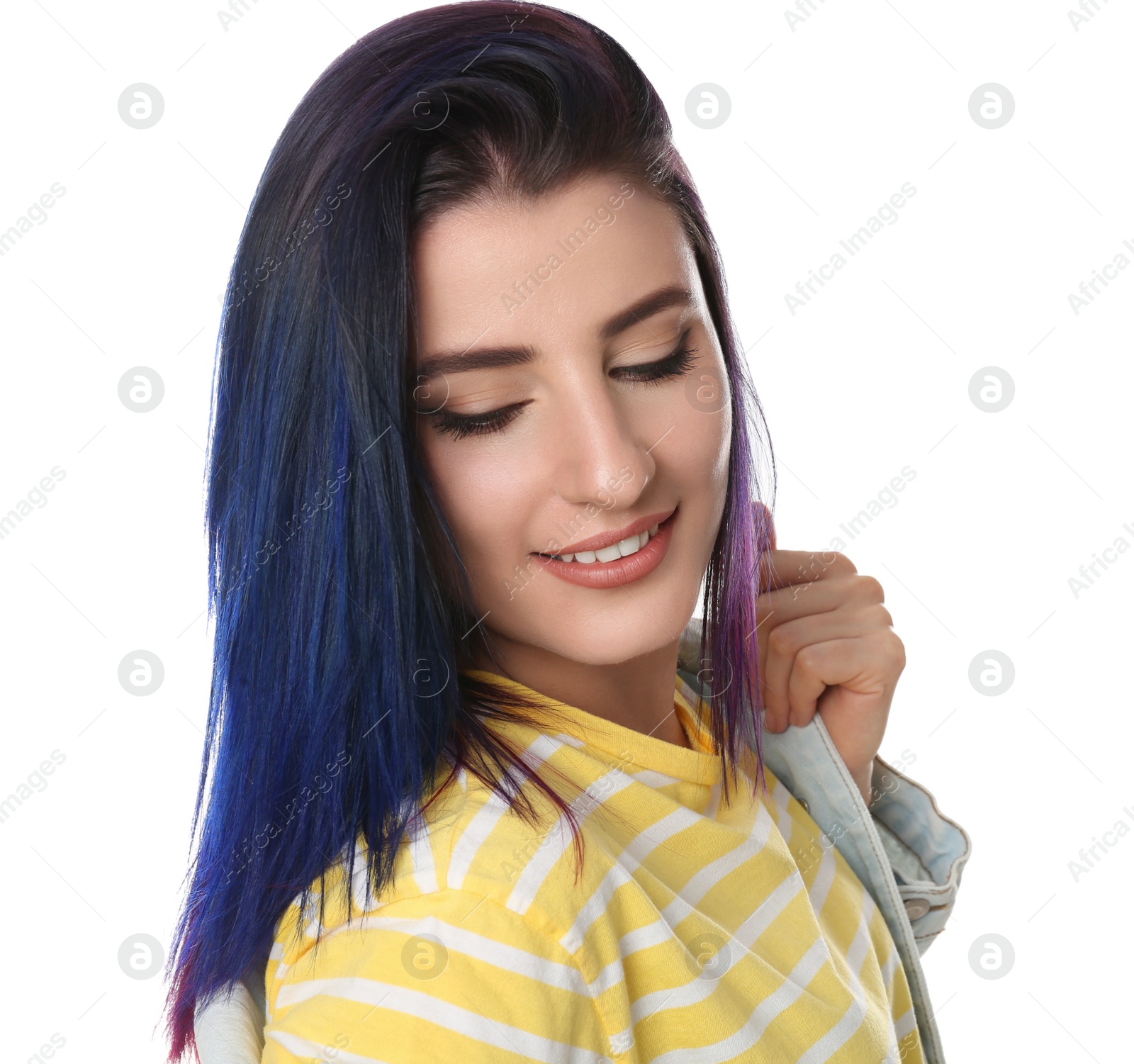 Photo of Young woman with bright dyed hair on white background