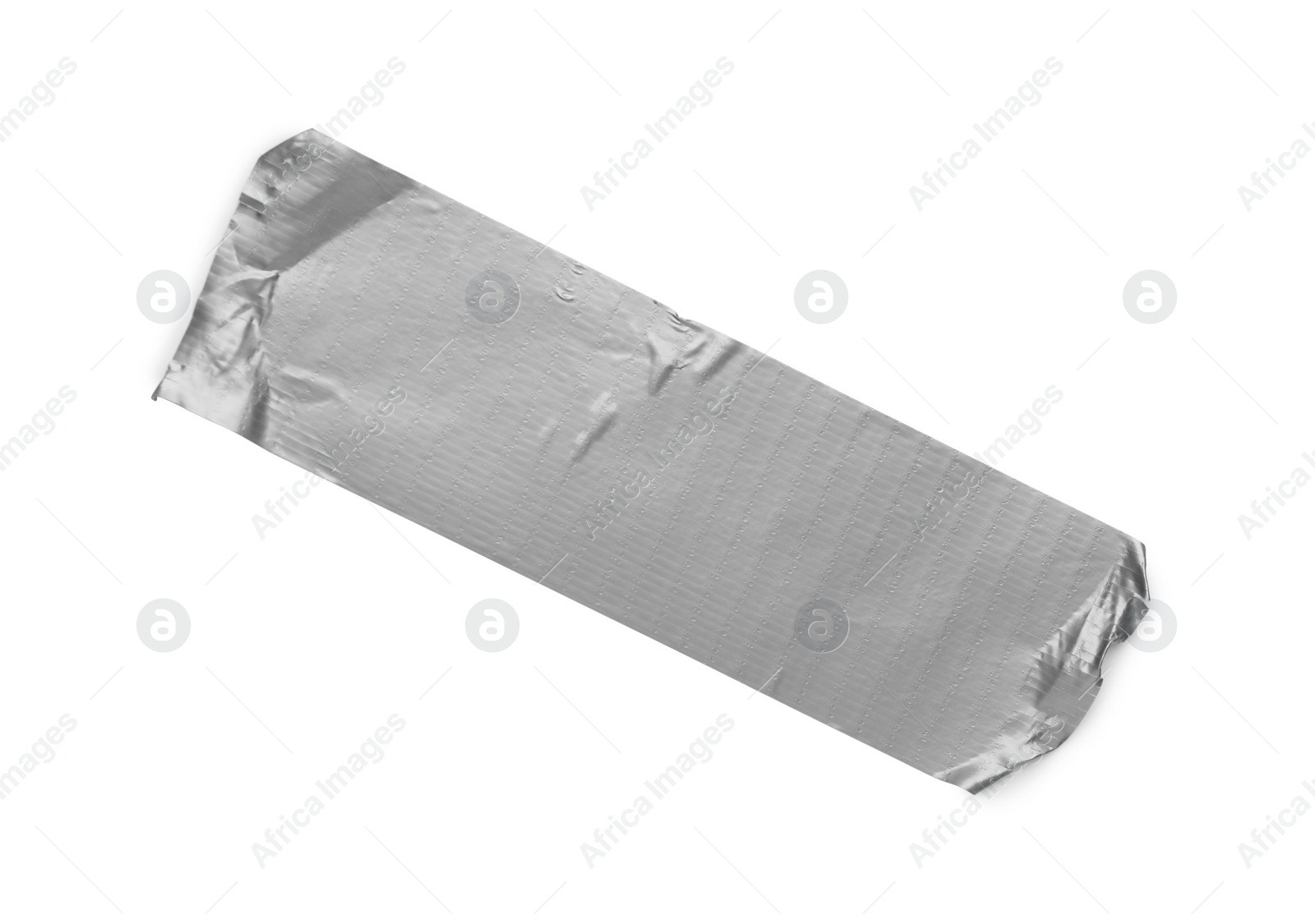 Photo of Piece of silver adhesive tape isolated on white, top view