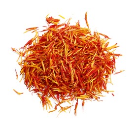 Photo of Pile of dried color saffron isolated on white, top view