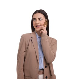 Beautiful businesswoman talking on smartphone against white background