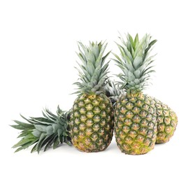 Many delicious ripe pineapples on white background