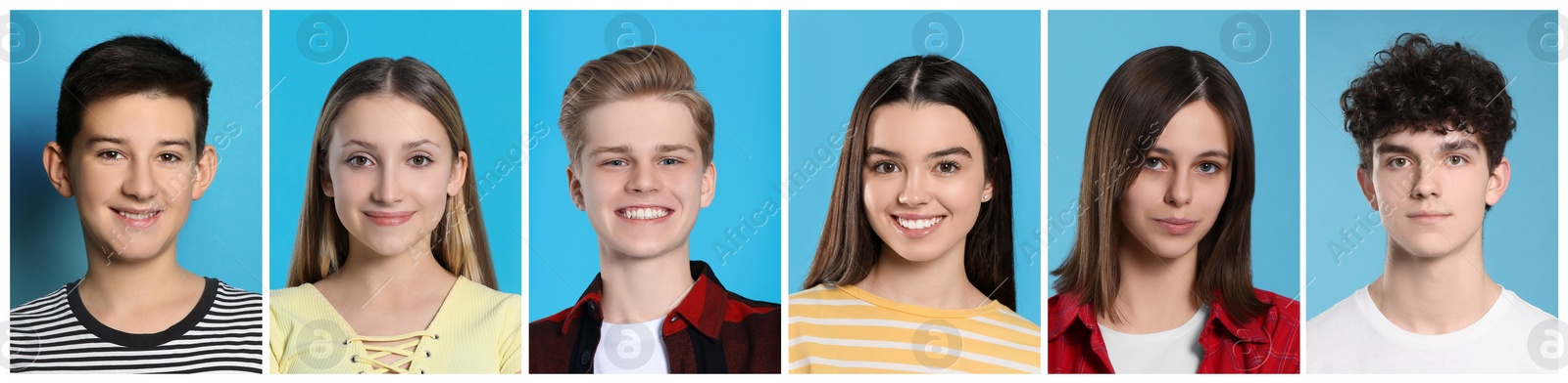 Image of Portraits of teenagers on light blue background, collage design