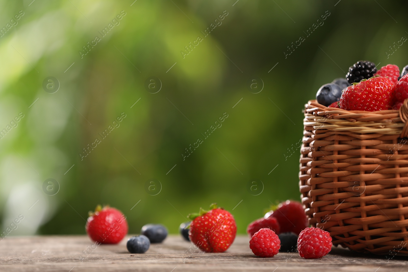 Photo of Wicker basket with different fresh ripe berries on wooden table outdoors, space for text