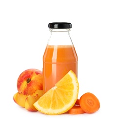 Photo of Bottle of delicious juice and fresh ingredients on white background