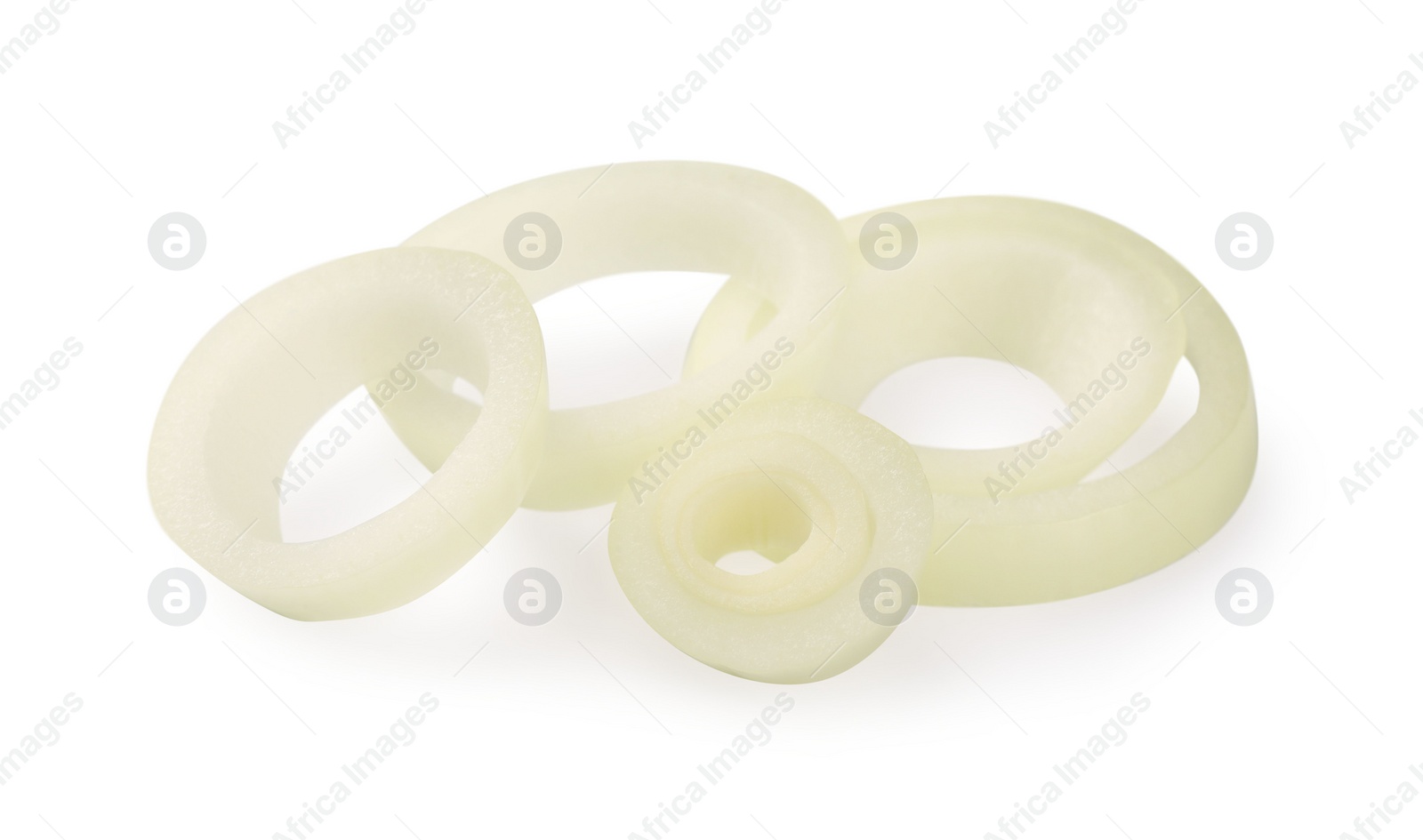 Photo of Many fresh onion rings on white background