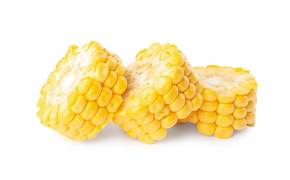 Photo of Pieces of ripe raw corn cob on white background