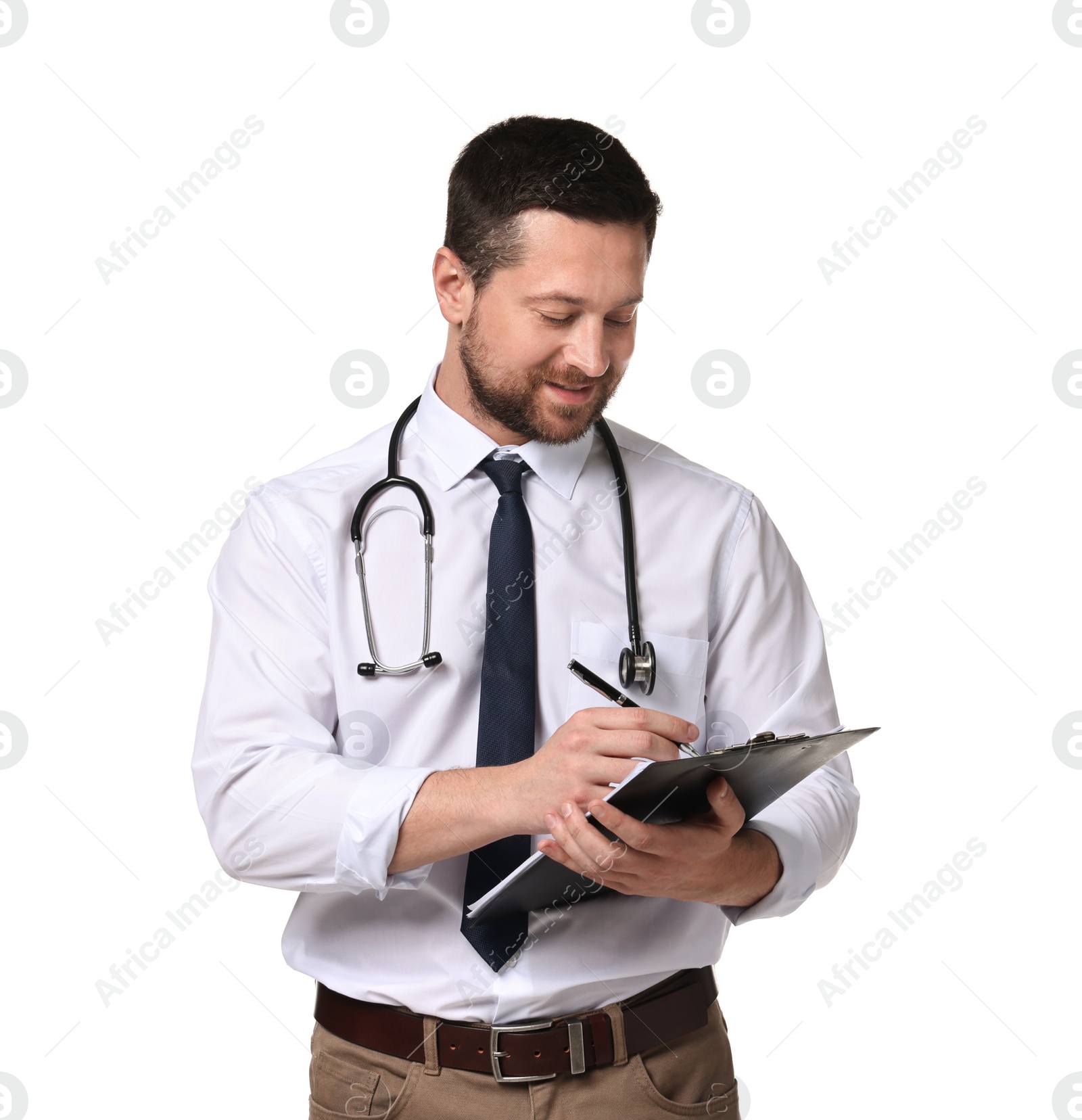 Photo of Portrait of happy doctor with stethoscope and clipboard on white background