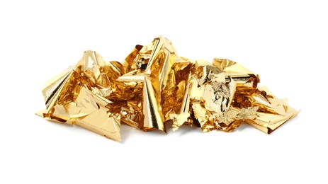 Photo of Pile of edible gold leaf on white background