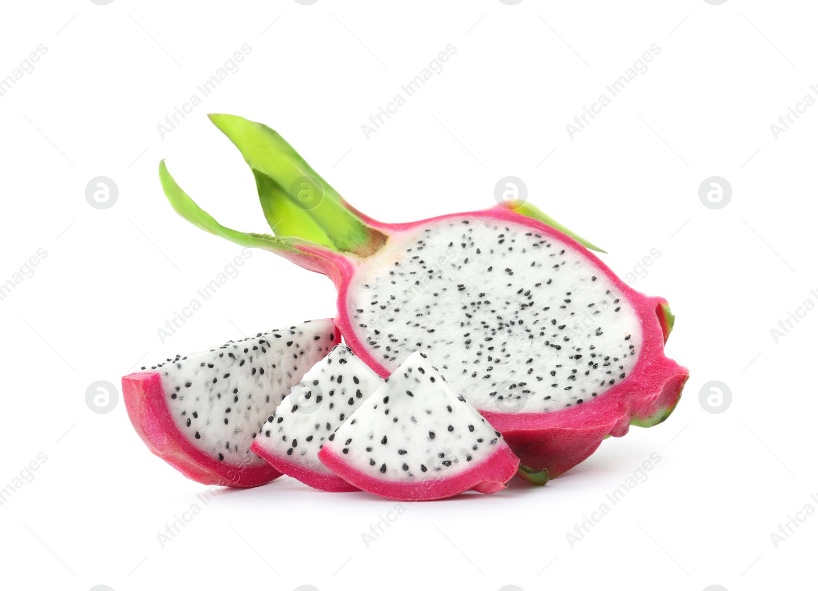 Photo of Delicious cut ripe dragon fruit (pitahaya) on white background