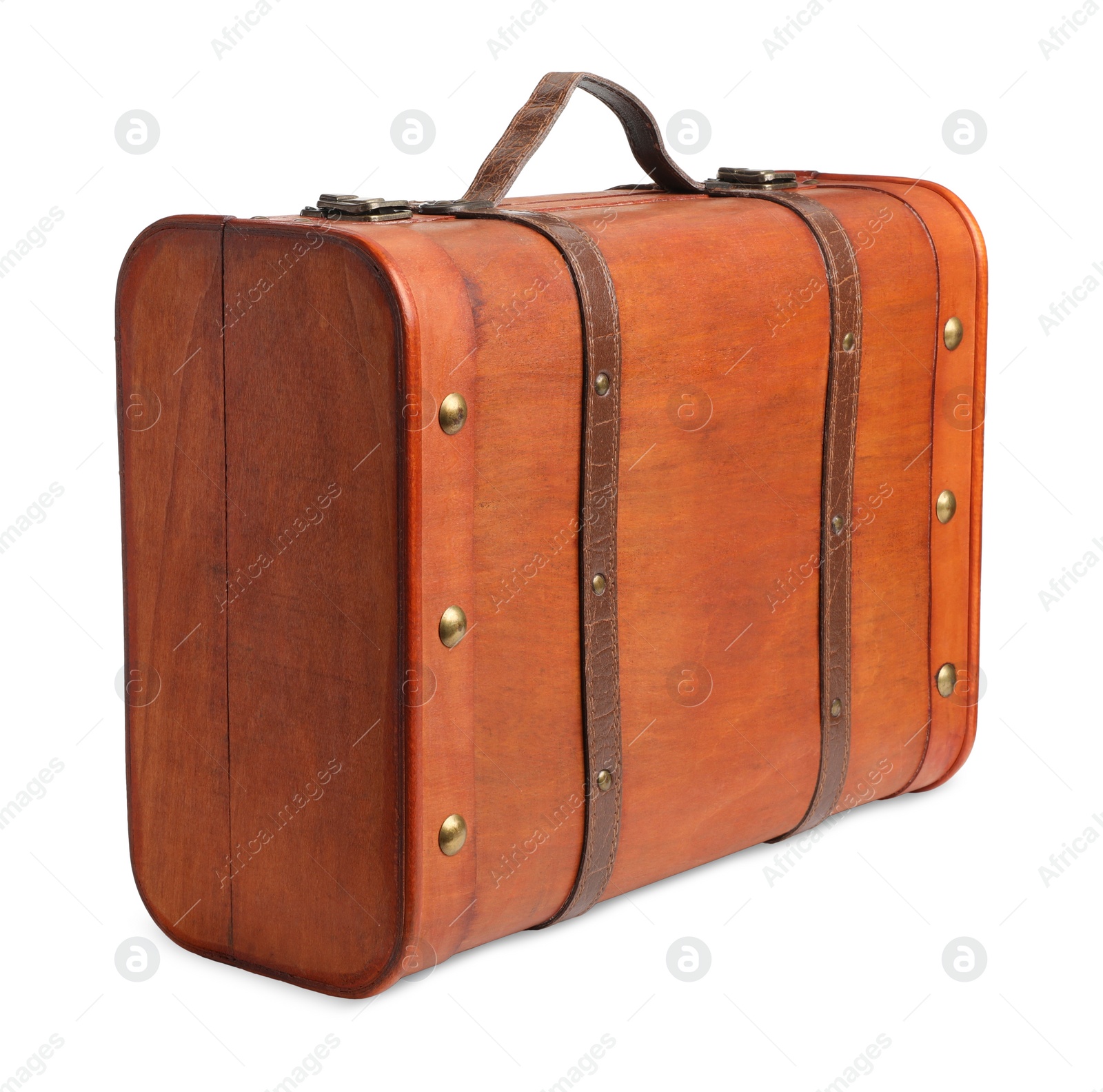 Photo of Beautiful brown stylish suitcase on white background