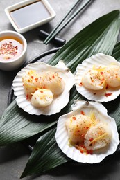 Photo of Raw scallops with spices, lemon zest, shells and sauces on grey textured table, above view