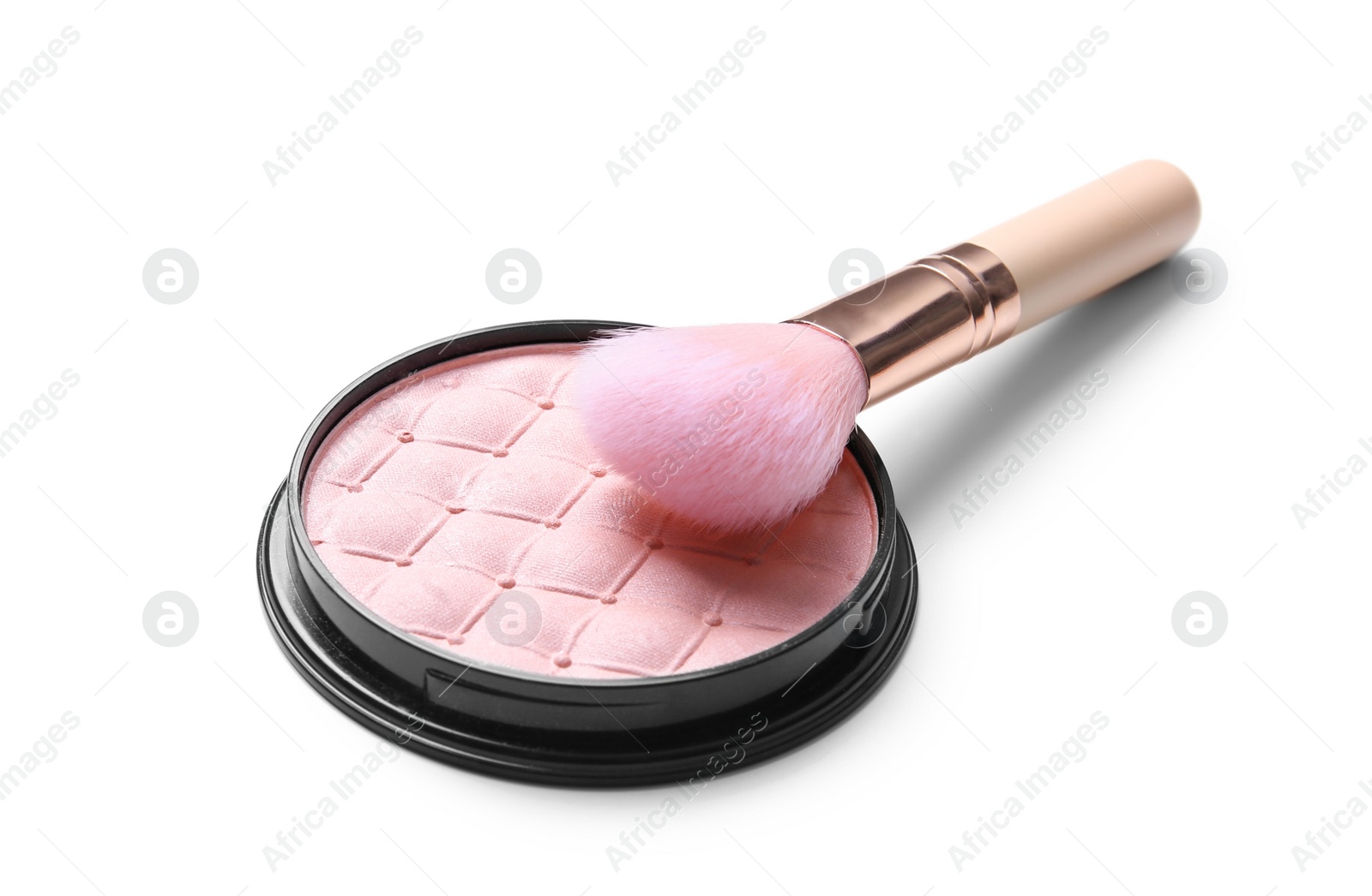 Photo of Face powder with makeup brush on white background