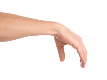 Man holding something in hand on white background, closeup