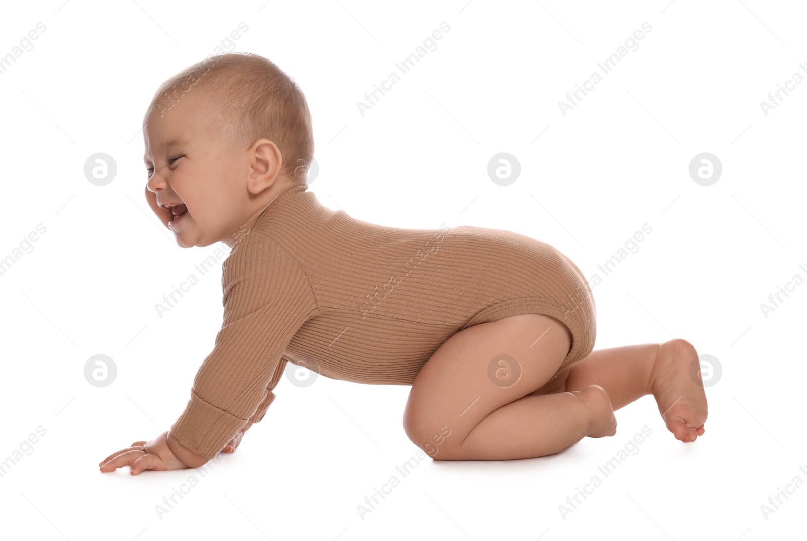 Photo of Cute little baby crawling on white background