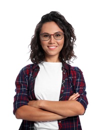 Portrait of happy young woman on white background