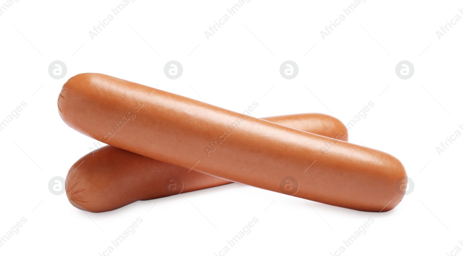 Photo of Fresh raw sausages isolated on white. Ingredients for hot dogs