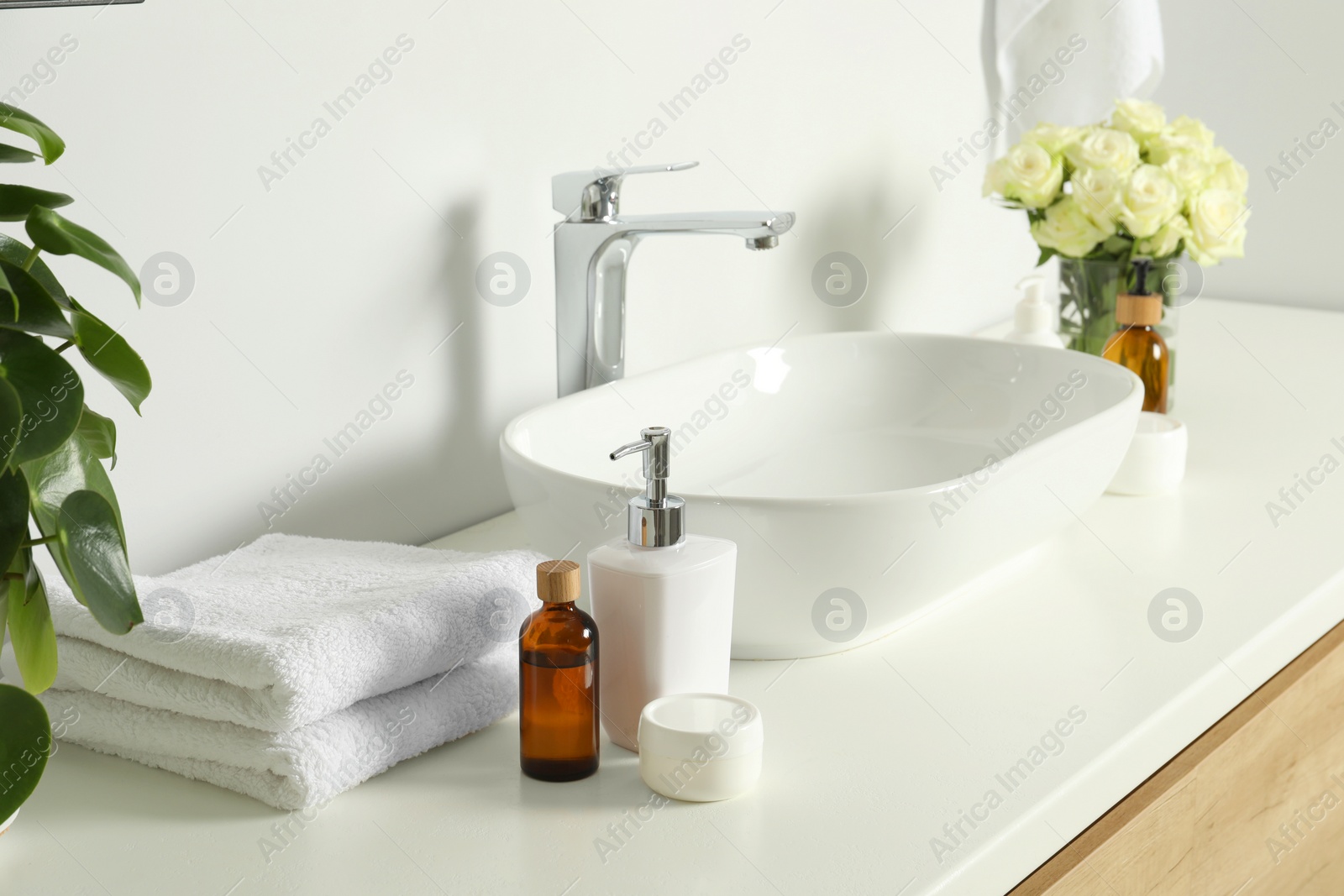 Photo of Houseplant, bath accessories, sink and roses in bathroom