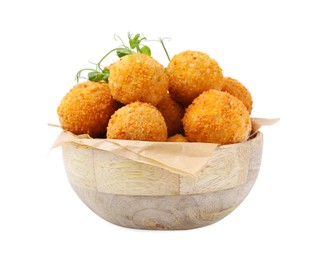 Photo of Bowl with delicious fried tofu balls and pea sprouts on white background