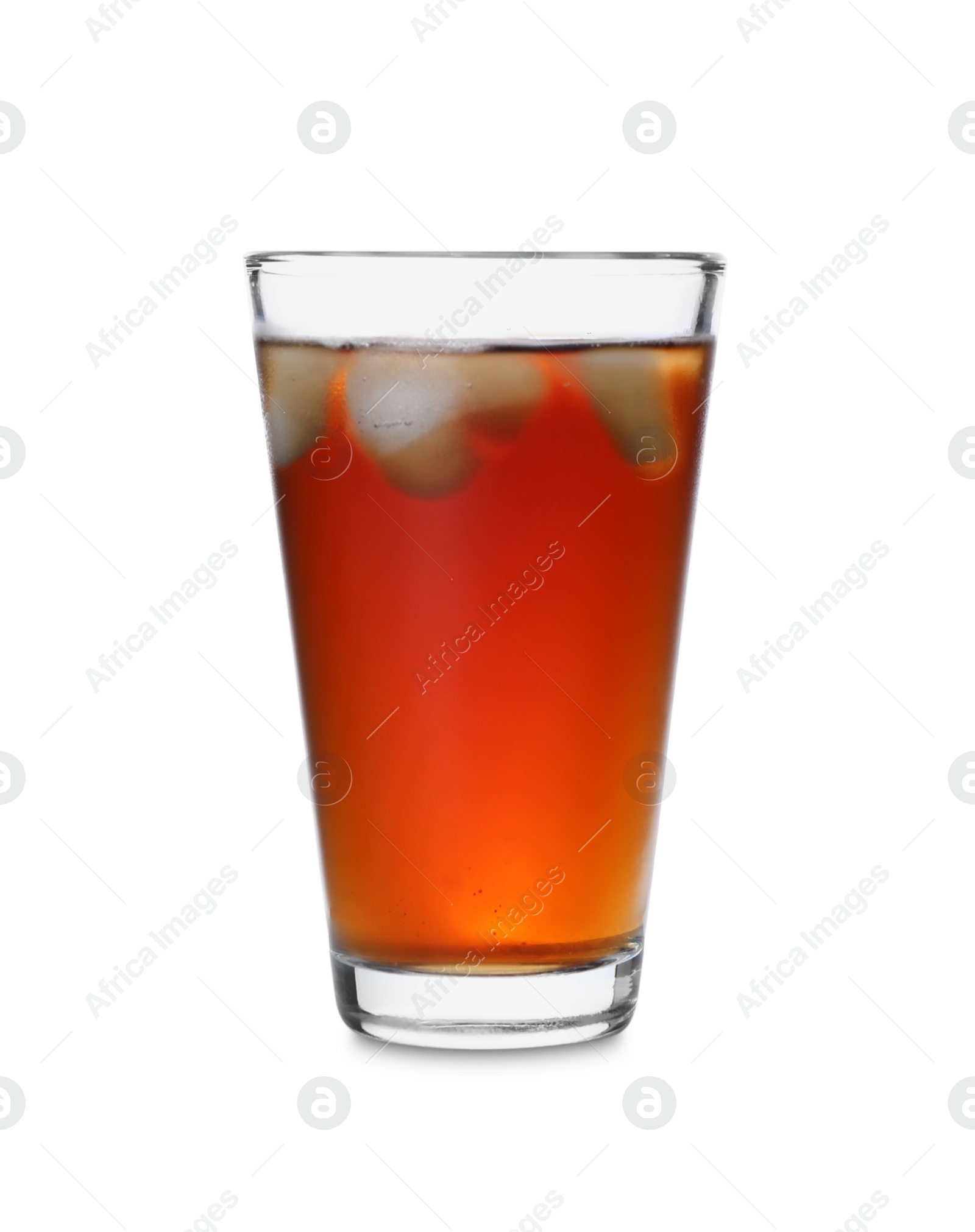 Photo of Glass of cold tea and ice cubes isolated on white