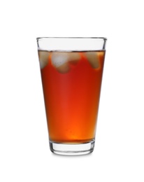 Photo of Glass of cold tea and ice cubes isolated on white