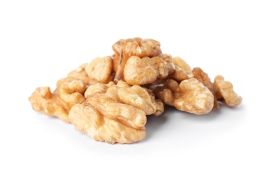 Heap of tasty walnuts on white background