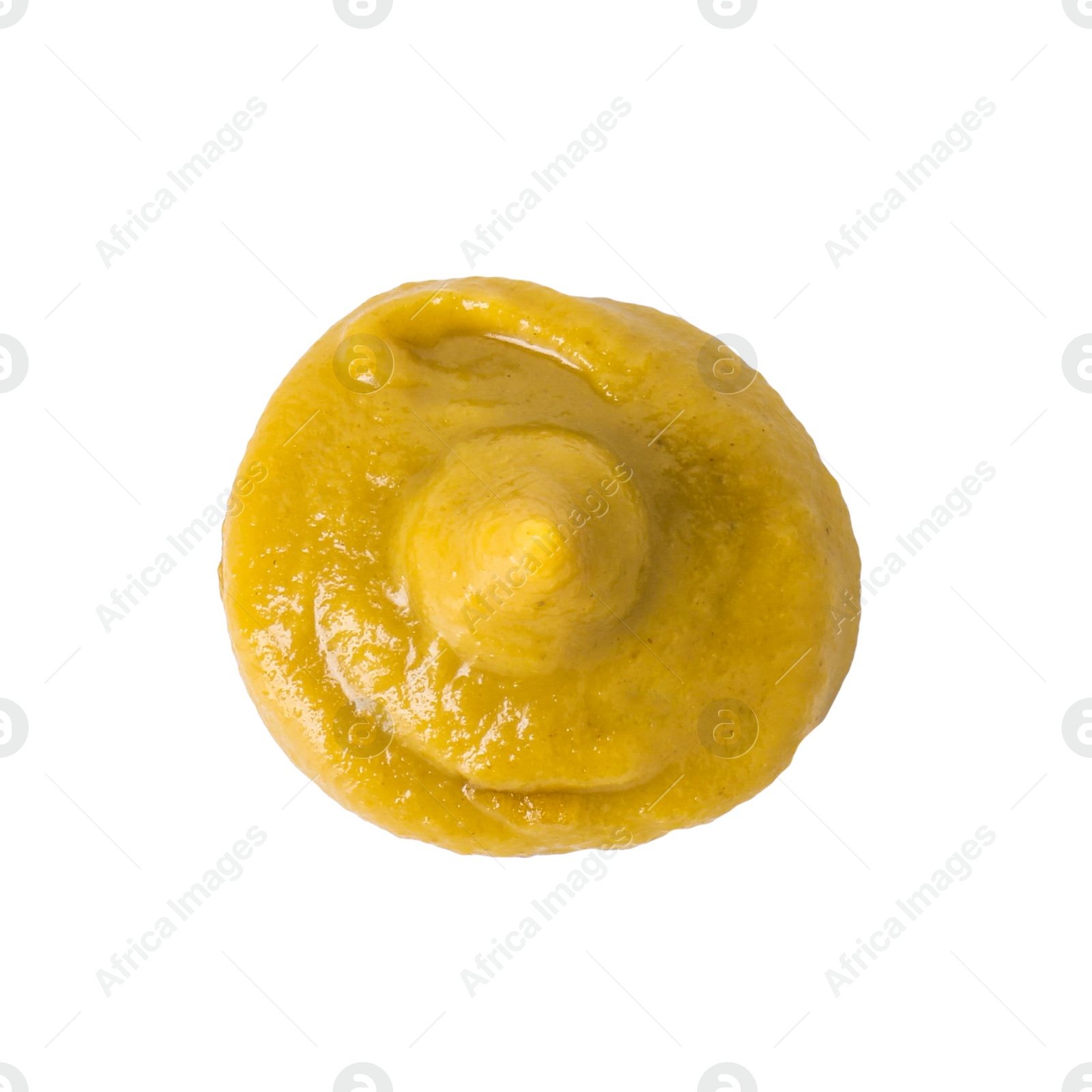 Photo of Fresh tasty mustard sauce isolated on white, top view