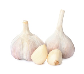 Fresh organic garlic bulbs and cloves on white background