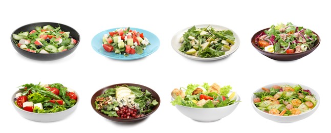 Image of Set with different tasty salads on white background. Banner design